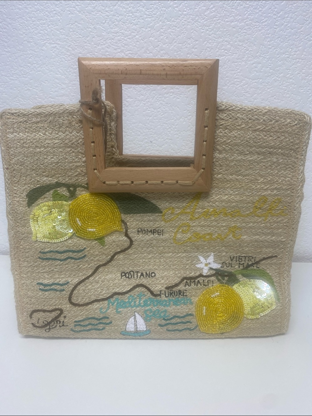 Antik Kraft Natural Straw Tote with Yellow Sequin Lemon Appliques - Picture 1 of 9